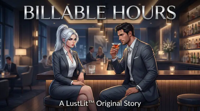 Romantic illustration of a silver-haired businesswoman and a man in a suit sitting at a luxury bar, cover art for corporate power exchange romance story.