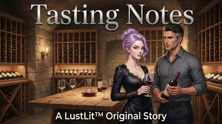 Violet Ashford with lavender hair standing in a rustic wine cellar with a male sommelier, cover art for steamy blindfold romance story Tasting Notes.