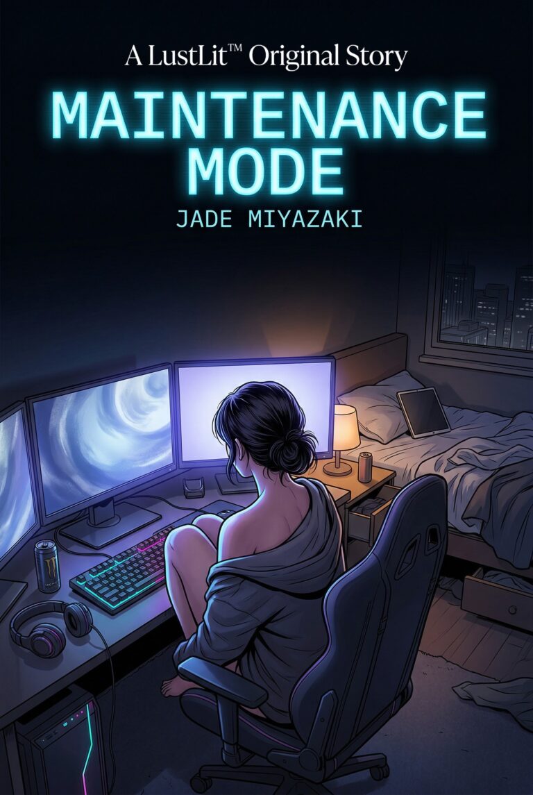 Maintenance Mode cover art — Jade Miyazaki sitting at her triple monitor desk at night, seen from behind, screen glow illuminating her bare shoulder, bed visible in background