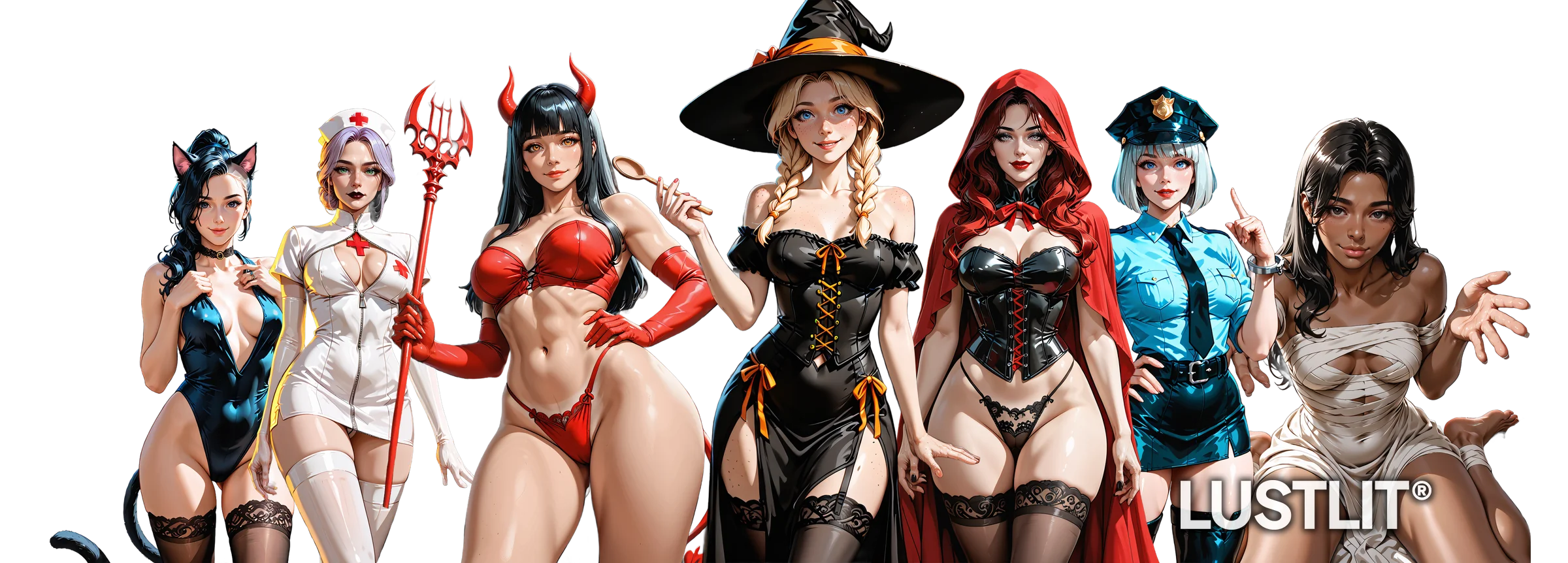 Jade Miyazaki, Violet Ashford, Amber Kane, Rose Everhart, Scarlett Hawthorne, Azure Delacroix, Sienna Nkrumah in their Halloween costumes