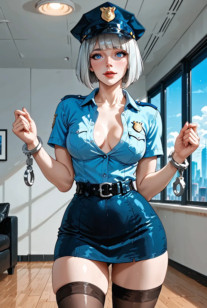 Azure in uniform, cuffs ready